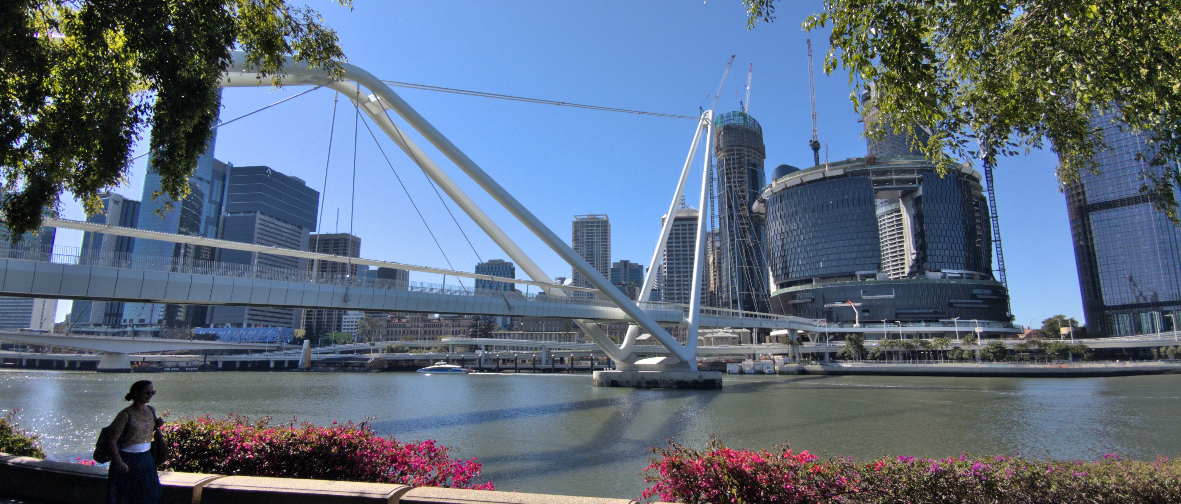 Neville Bonner Bridge under construction from South Bank. An inverted arch reaches across the river toward the casino under construction.