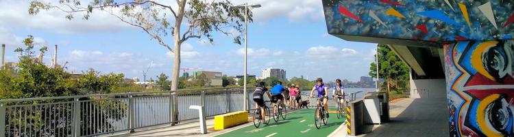 Sunny day, pedestrians and cyclists on separated paths by the Brisbane River. An overpass pylon decorated with abstract street art and a big fluffy dog on a leash.