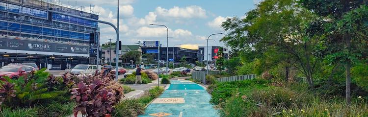 The bikeway runs alongside Lytton road. There's lots of plants and greenery, and a pedestrian crossing coming up ahead.