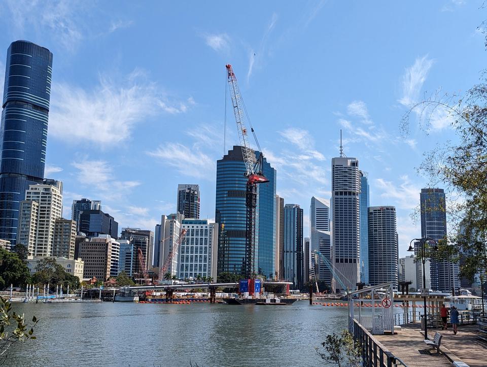 In 2023, a photo of The Kangaroo Point Bridge heads out from the city shore, but doesn't cross the whole river yet