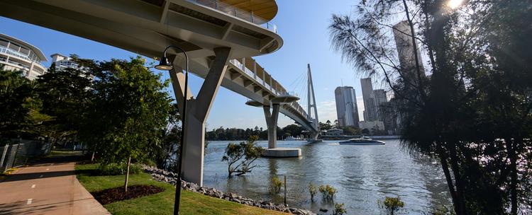 The sails of the Kangaroo Point Green Bridge glisten in the afternoon sun