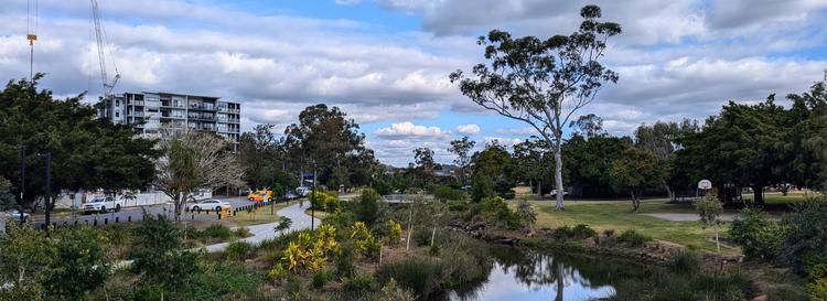The Norman Park bridge crosses the mangroves of Norman Creek, with Brisbane City in the background.