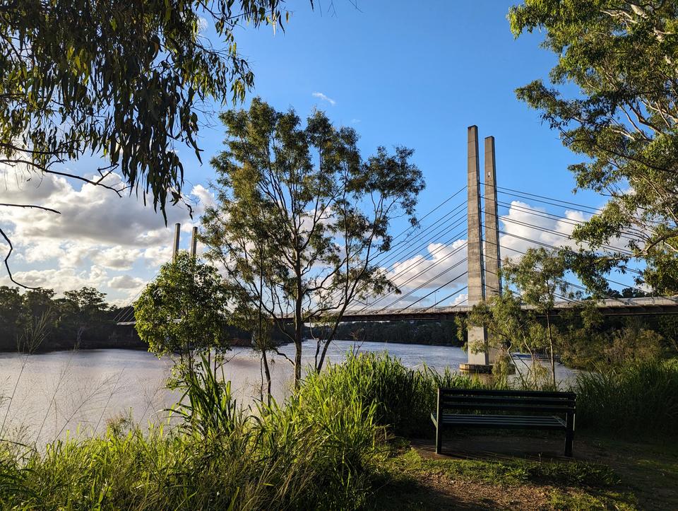A park bench so you can admire the Eleanor Schonell Bridge