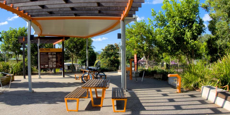 The Wamuran end of the trail has seating, water, and a bike repair station