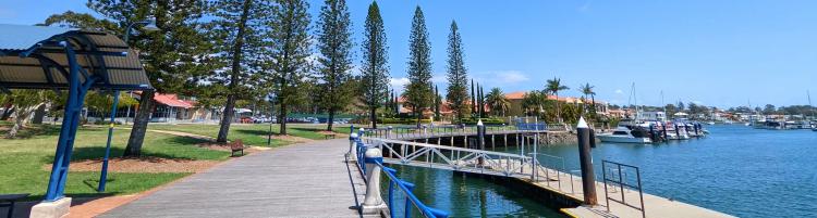 A boardwalk alongside water, pine trees and a bright blue sky